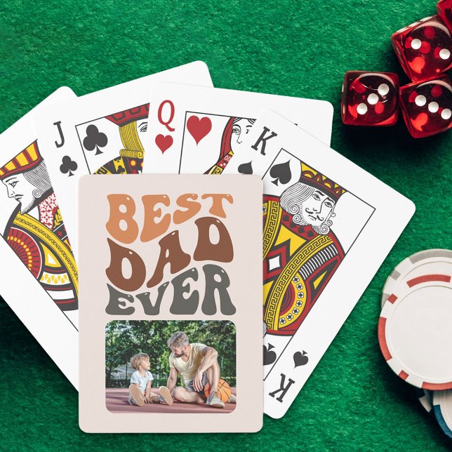 Best Dad Ever Photo and Groovy Retro Typography Poker Cards (Creator Uploaded)