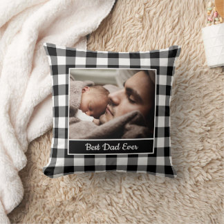 Best Dad Ever Photo Black White Gingham Border Throw Pillow