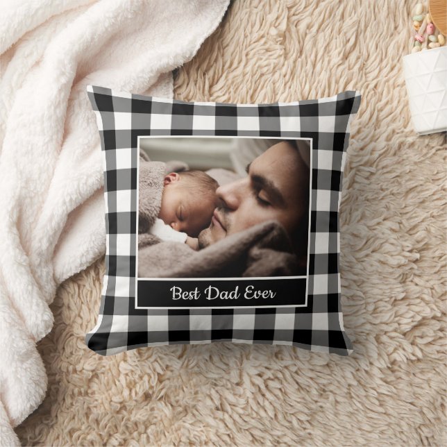 Best Dad Ever Photo Black White Gingham Border Throw Pillow (Blanket)