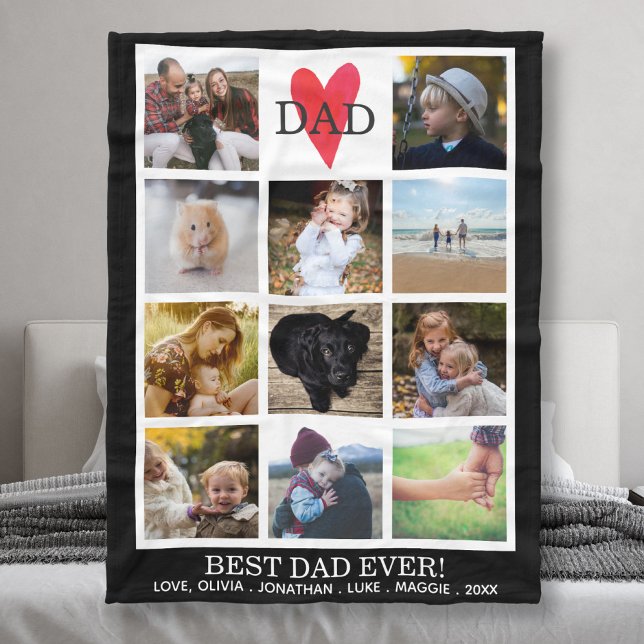 Best Dad Ever Photo Collage Black Personalized Fleece Blanket (Creator Uploaded)