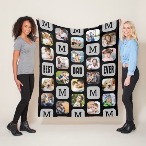 BEST DAD EVER Photo Collage Monogram MED Fleece Blanket - Easily create a modern, unique, photo collage monogram pattern keepsake blanket with 20 photos and the title BEST DAD EVER. PHOTO TIP:  For fastest/best results, choose a photo with the subject in the middle and/or pre-crop it to a square shape BEFORE uploading. COLOR CHANGE:  Change the gray background color by clicking CUSTOMIZE FURTHER. Contact the designer via Zazzle Chat or makeitaboutyoustore@gmail.com if you'd like this design modified, on a different size blanket or on another product.