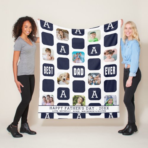 BEST DAD EVER Photo Collage Monogram Navy MED. Fleece Blanket - Easily create a modern, unique, photo collage monogram pattern keepsake blanket with 10 photos, a custom title (the sample says HAPPY FATHER'S DAY 20XX) and custom color (the sample shows a navy blue).
PHOTO TIP:  For fastest/best results, choose a photo with the subject in the middle and/or pre-crop it to a square shape BEFORE uploading and it will fill the photo space perfectly. COLOR CHANGE: Change the navy blue background, text and stripe border color by clicking on the CUSTOMIZE FURTHER tab (Note:  to change the stripe border color, select the "Rectangle" below the Text field in the Elements panel. Contact the designer via Zazzle Chat or makeitaboutyoustore@gmail.com if you'd like this design modified, on a different size blanket or on another product.