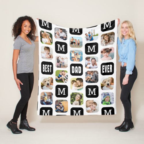 BEST DAD EVER Photo Collage Monogram Pattern MED Fleece Blanket - Easily create a modern, unique, photo collage monogram pattern keepsake blanket with 20 photos and the title BEST DAD EVER. PHOTO TIP:  For fastest/best results, choose a photo with the subject in the middle and/or pre-crop it to a square shape BEFORE uploading. COLOR CHANGE:  Change the black background color by clicking CUSTOMIZE FURTHER. Contact the designer via Zazzle Chat or makeitaboutyoustore@gmail.com if you'd like this design modified, on a different size blanket or on another product.