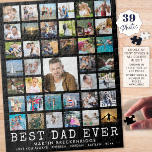 BEST DAD EVER Photo Collage Name Black Jigsaw Puzzle