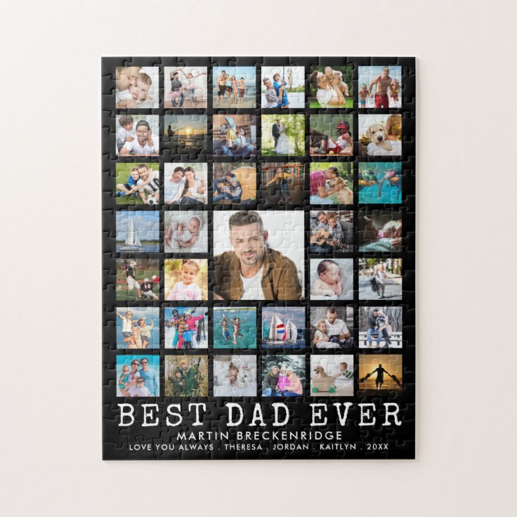 BEST DAD EVER Photo Collage Name Black Jigsaw Puzzle | Zazzle