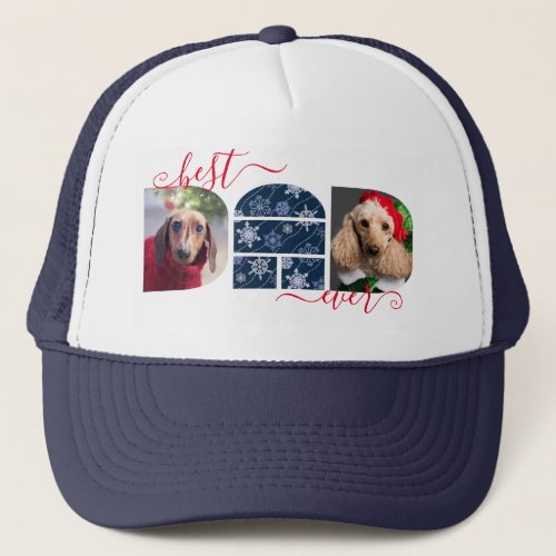 Best DAD Ever Photo Collage Snowflakes Navy Blue Trucker Hat
