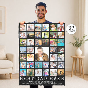 BEST DAD EVER Photo Collage Your Text Black Fleece Blanket