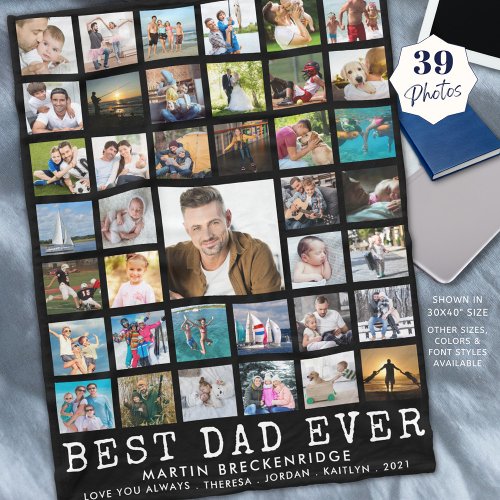 BEST DAD EVER Photo Collage Your Text Black Fleece Blanket