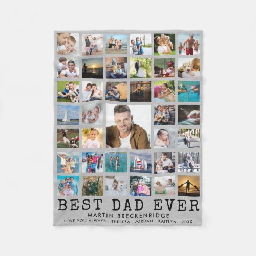 BEST DAD EVER Photo Collage Your Text Gray Fleece Blanket - Remind him he's the BEST DAD EVER year-round with this keepsake photo collage blanket personalized with his name and your message (or change any of the text to fit your needs). Easily upload 39 of your favorite photo memories of Dad. PHOTO TIP:  For fastest/best results, choose a photo with the subject in the middle and/or pre-crop it to a square shape BEFORE uploading. COLOR CHANGE:  Change the gray background color by clicking CUSTOMIZE FURTHER. Contact the designer via Zazzle Chat or makeitaboutyoustore@gmail.com if you'd like this design modified or on another product.