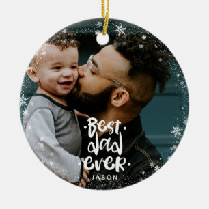 Best Dad Ever Photo Custom Name Snowflake Frame Ceramic Ornament