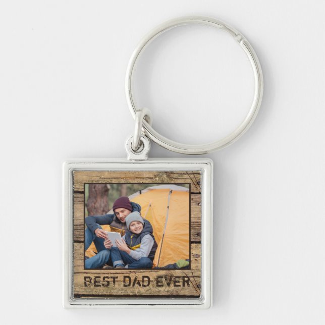 BEST DAD EVER Photo Rustic Wood Father Keychain (Front)