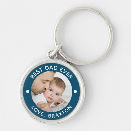 BEST DAD EVER Photo Teal Blue Personalized Keychain