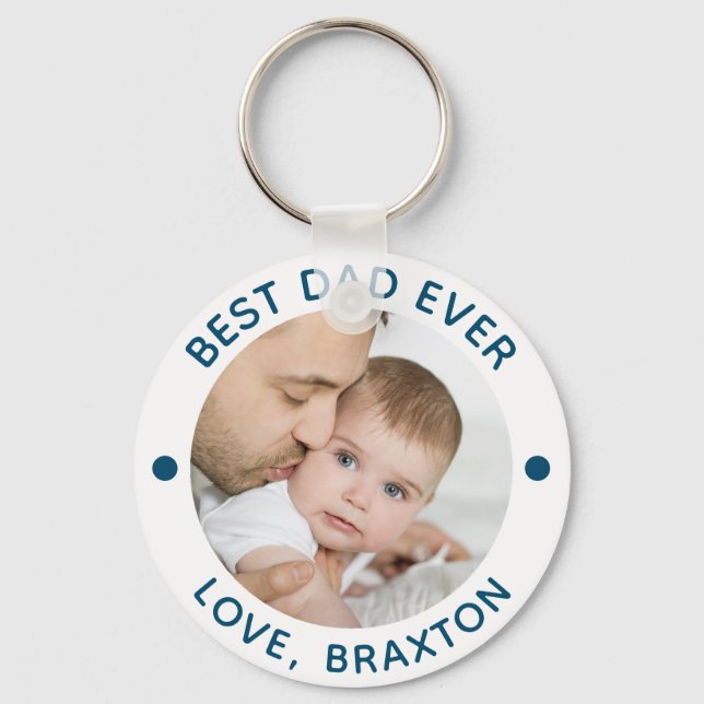 BEST DAD EVER Photo Teal Blue Personalized Keychain (Front)