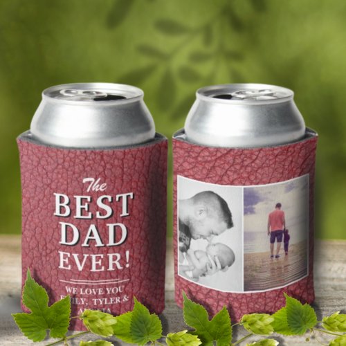 Best Dad Ever Red Leather Print Photo Collage Can Cooler