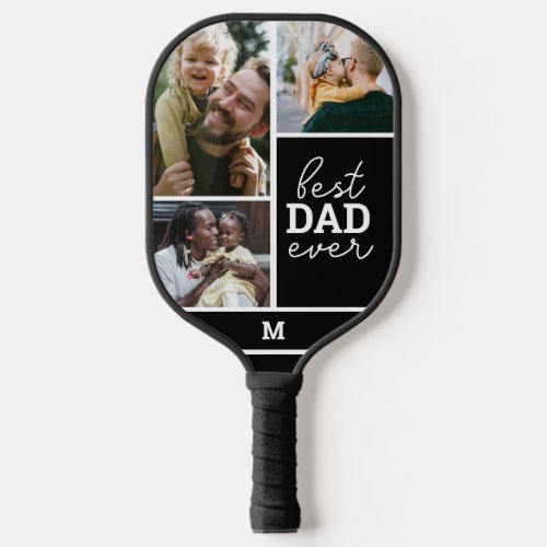 Best Dad Ever Script Photo Collage Black Pickleball Paddle