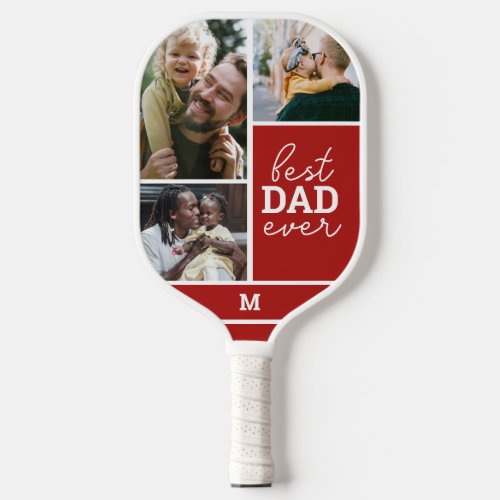 Best Dad Ever Script Photo Collage Red Pickleball Paddle