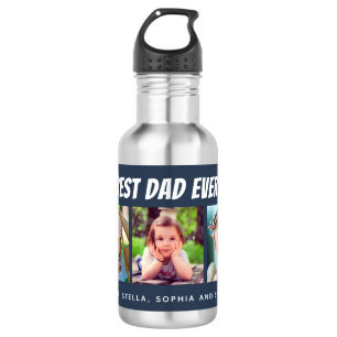 Best Dad Ever Three Photos Dark Blue Stainless Steel Water Bottle