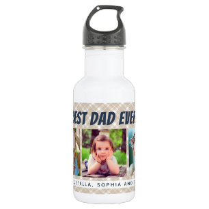 Best Dad Ever Three Photos Tan Plaid Stainless Steel Water Bottle
