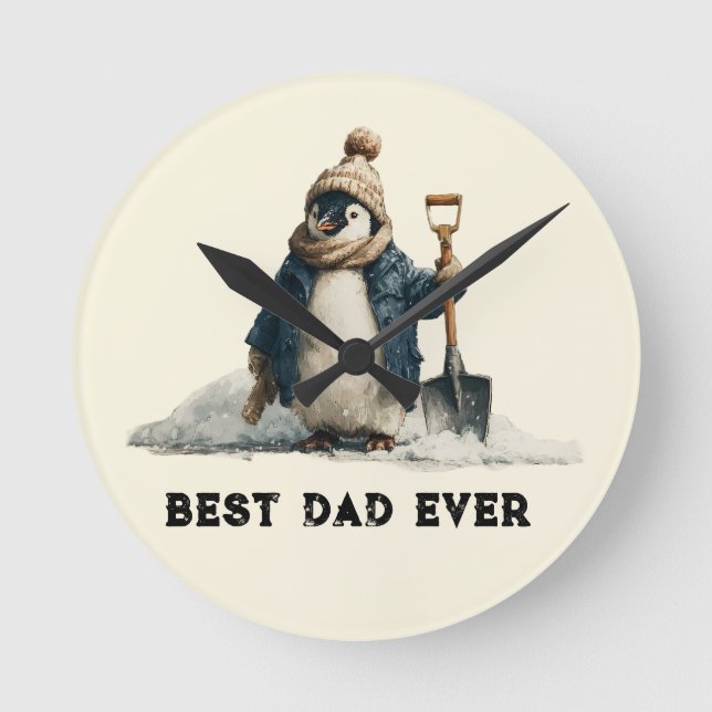 Best Dad Ever Winter Penguin Design Round Clock (Front)