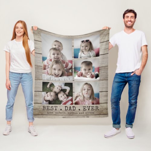 BEST DAD EVER Wood Auto Photo Coloration Collage Fleece Blanket - Easily create a rustic vintage look wood style photo collage keepsake blanket that automatically colorizes your color photos into a muted vignette (the photo filter can be removed if not desired). The design is personalized with an editable title (the sample suggests BEST DAD EVER) and your custom message. PHOTO TIP:  For fastest/best results, choose a photo with the subject in the middle and/or pre-crop it to a similar shape as shown BEFORE uploading. CHANGES:  You can change text font style, size, color and placement and change the photo filter by clicking on CUSTOMIZE FURTHER. Contact the designer via Zazzle Chat or makeitaboutyoustore@gmail.com if you'd like this design modified or on another product.