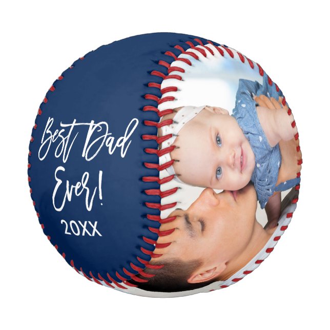 Best Dad Ever Year 2 Photo Brush Script Blue Baseball (Angled)