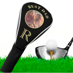 Best Dad Family Photo Black Gold Monogram Golf Head Cover
