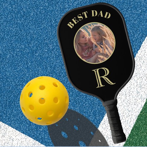 Best Dad Family Photo Black Gold Monogram Pickleball Paddle