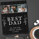 Best Dad Father Foliage Custom 3 Photo Collage  Jigsaw Puzzle<br><div class="desc">Best Dad Father Foliage Custom 3 Photo Collage jigsaw puzzle. This best dad puzzle is the perfect gift for the dad in your life! It features a modern white foliage graphic on black, as well as three custom photos of your choice to make it truly unique. The text, "Best Dad"...</div>