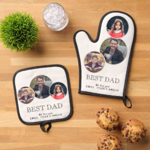 Best Dad Father`s Day 3 Oval Photo Collage Oven Mitt & Pot Holder Set