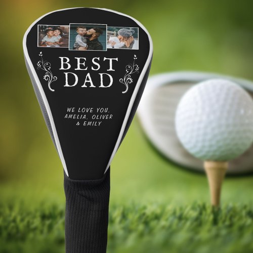 Best Dad Foliage Family 3 Photo Collage Black Golf Head Cover