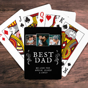 Best Dad Foliage Family 3 Photo Collage Black Poker Cards