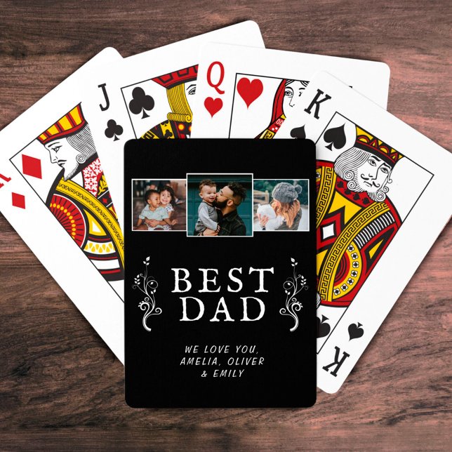 Best Dad Foliage Family 3 Photo Collage Black  Poker Cards (Creator Uploaded)