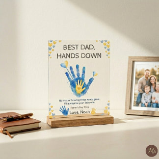 Best Dad Hands Down Blue Watercolor Handprint Gift Acrylic Sign