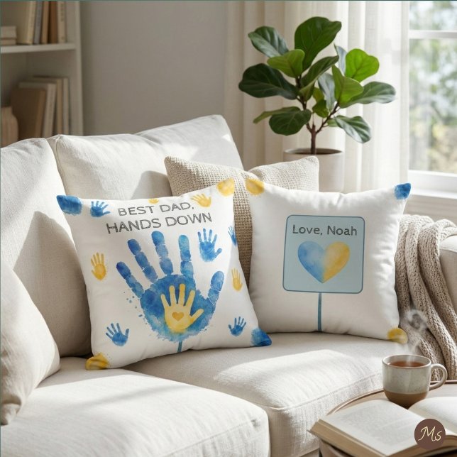 Best Dad Hands Down Blue Yellow Watercolor  Throw Pillow (Add a cozy touch to Dad's favorite spot with this personalized watercolor handprint pillow.)