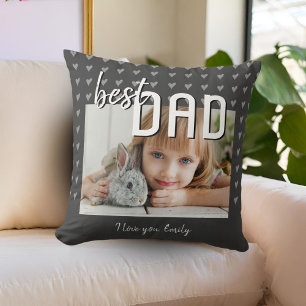 Best Dad Heart Pattern Grey Photo Father`s Day Throw Pillow