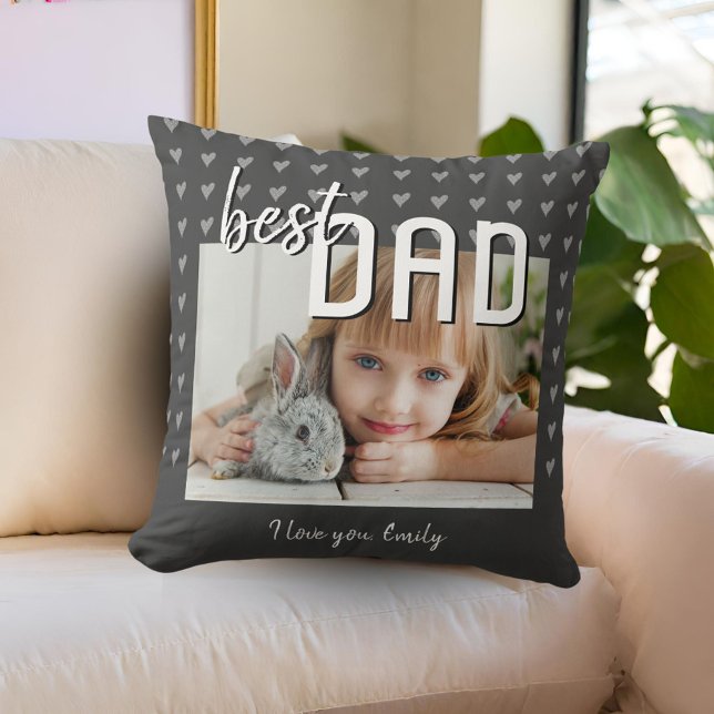 Best Dad Heart Pattern Grey Photo Father`s Day  Throw Pillow (Creator Uploaded)