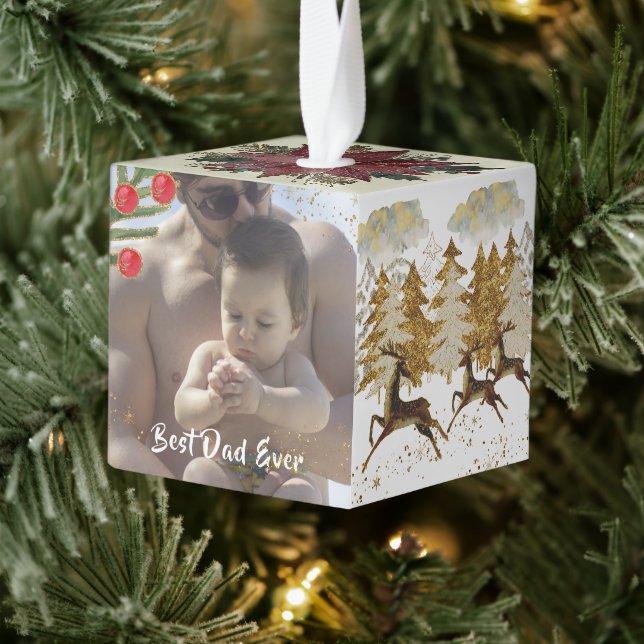 Best Dad Mom Gold Christmas Photo Family Collage Cube Ornament (Tree)
