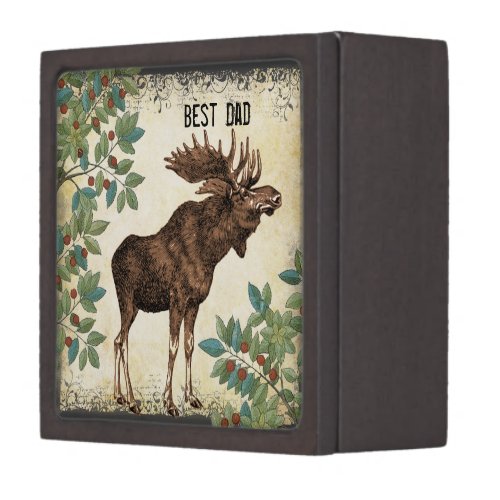 Best Dad Moose Elk and Trees Wood Keepsake Box