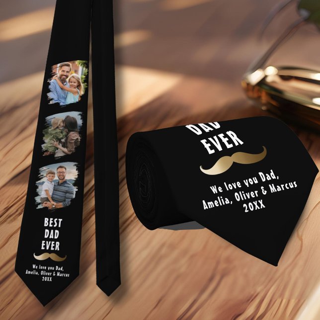 Best Dad Mustache Father's Day 3 Photo Collage Neck Tie (Creator Uploaded)