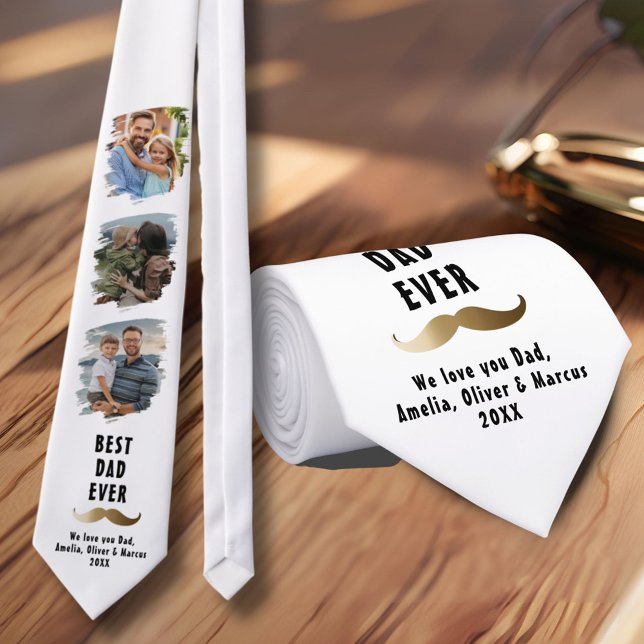 Best Dad Mustache Father's Day 3 Photo Collage Neck Tie (Creator Uploaded)