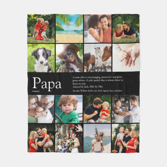 Best Dad Papa Ever Definition Photo Collage Black Fleece Blanket (Front)