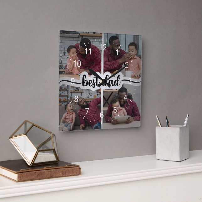 Best Dad Personalized 4 Photo Collage Square Wall Clock (Office)