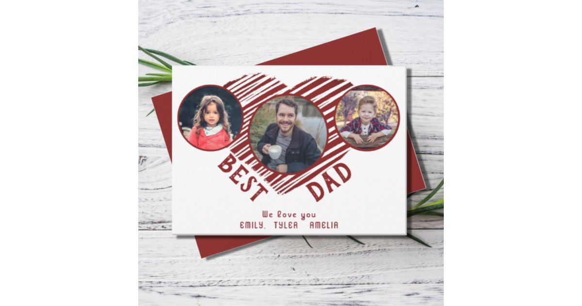 Best Dad Red Heart Father`s Day 3 Photos Holiday Card | Zazzle