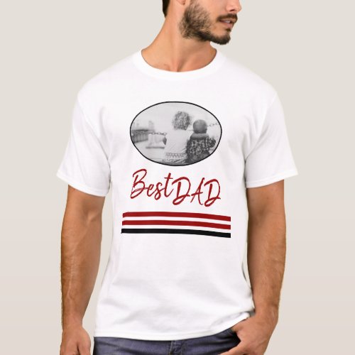 Best Dad Red Modern Script Family Photo T-Shirt - Best Dad Red Modern Script Family Photo T-Shirt. Trendy script Best Dad, a photo template in an oval frame and red and black stripes - add your favorite photo into the template and make this unique gift for a dad, new dad or grandfather.