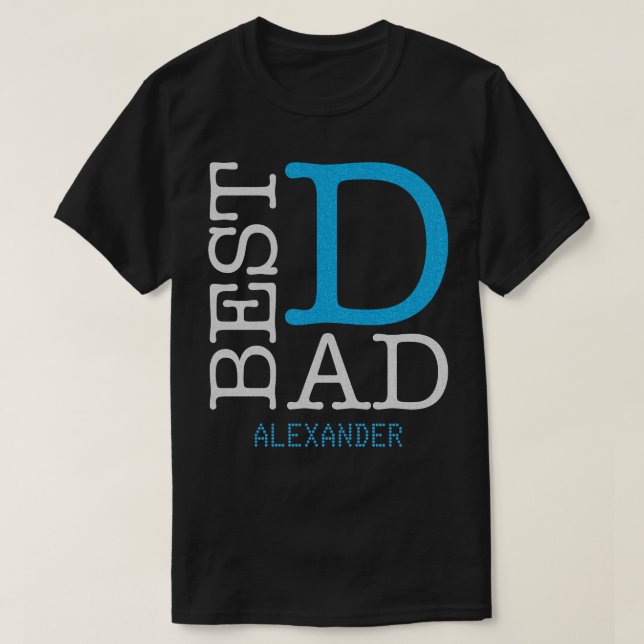 Best Dad Silver Blue Glitter Name Personalized T-Shirt (Design Front)