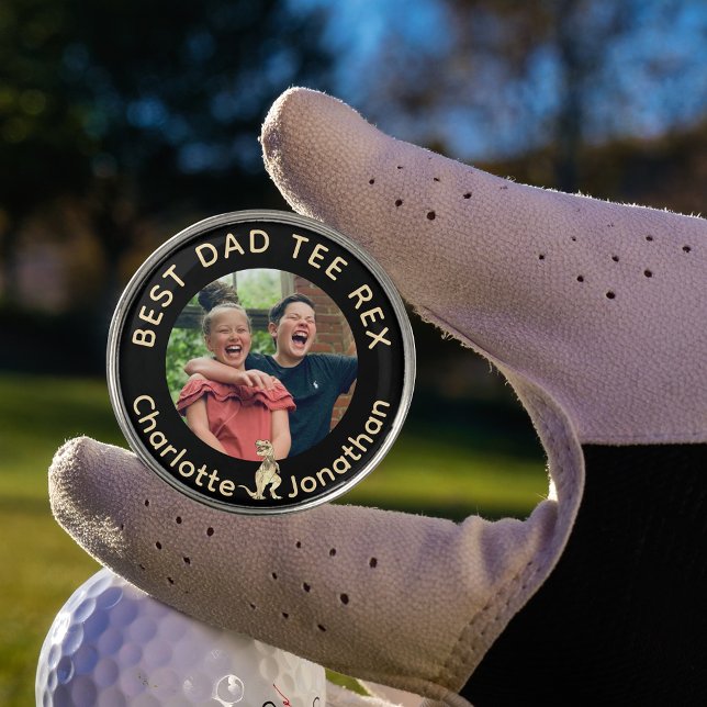 Best Dad Tee Rex kids photo Golf Ball Marker (Funny Our dad is the best T-Rex personalized kids photo golf ball marker Jurassic dinosaur golf joke)