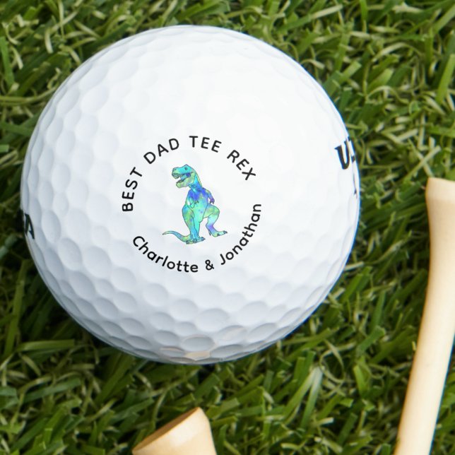 Best Dad Tee Rex personalized kids names Golf Balls (Funny best dad tee Rex custom kids names and dinosaur T-Rex golfing joke golf ball Fun dinosaur gift)