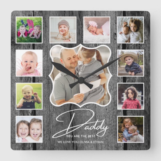 Best Daddy Ever 11 Photo Collage Black Wood   Square Wall Clock (Front)