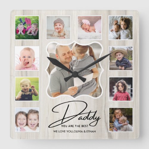 Best Daddy Ever 11 Photo Collage Rustic Wood Square Wall Clock