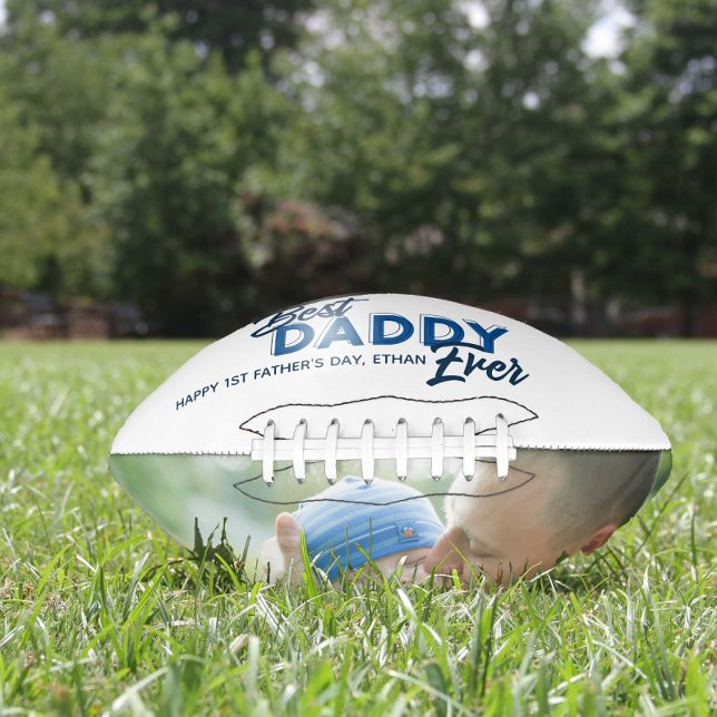 Best Daddy Ever Blue Script Photo 1st Father's Day Football (Easily personalize this Best Daddy Ever ball with your photos & name for a unique Father's Day gift)
